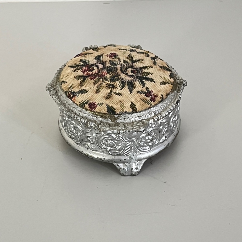 Vintage Trinket Box Small Silver Ornate Floral Petit Point Tapestry Red Lining